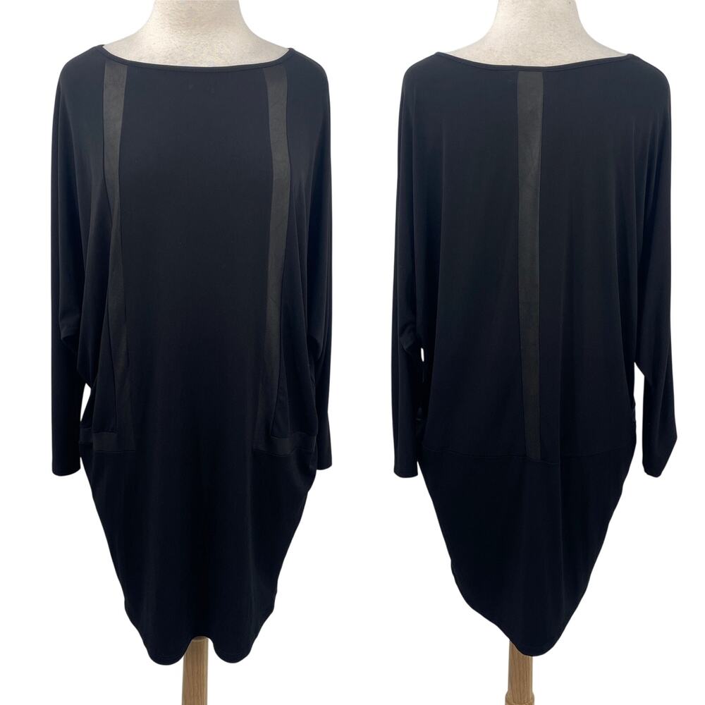 Clara Sun Woo Tunic Top Faux Leather Panel Long Sleeve Stretchy Boatneck Black